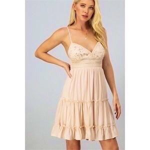NWT Lace Top Tie Back Ruffled Cami Dress in Cream, Sz. S